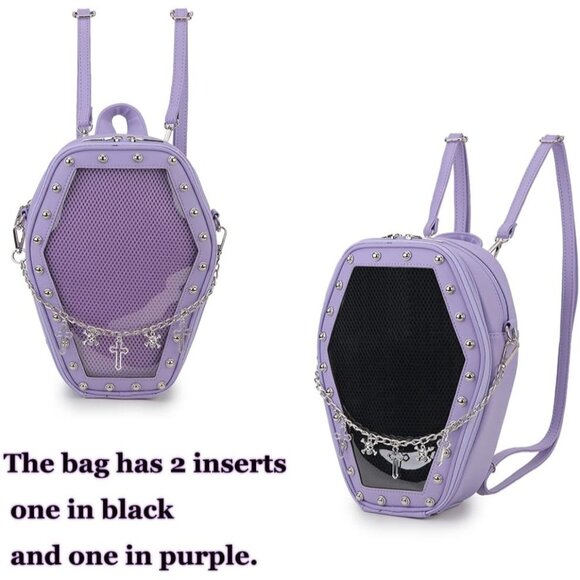 Gothic Coffin Shaped Handbag for Women Halloween Shoulder Bag Purple Backpack - Picture 6 of 9